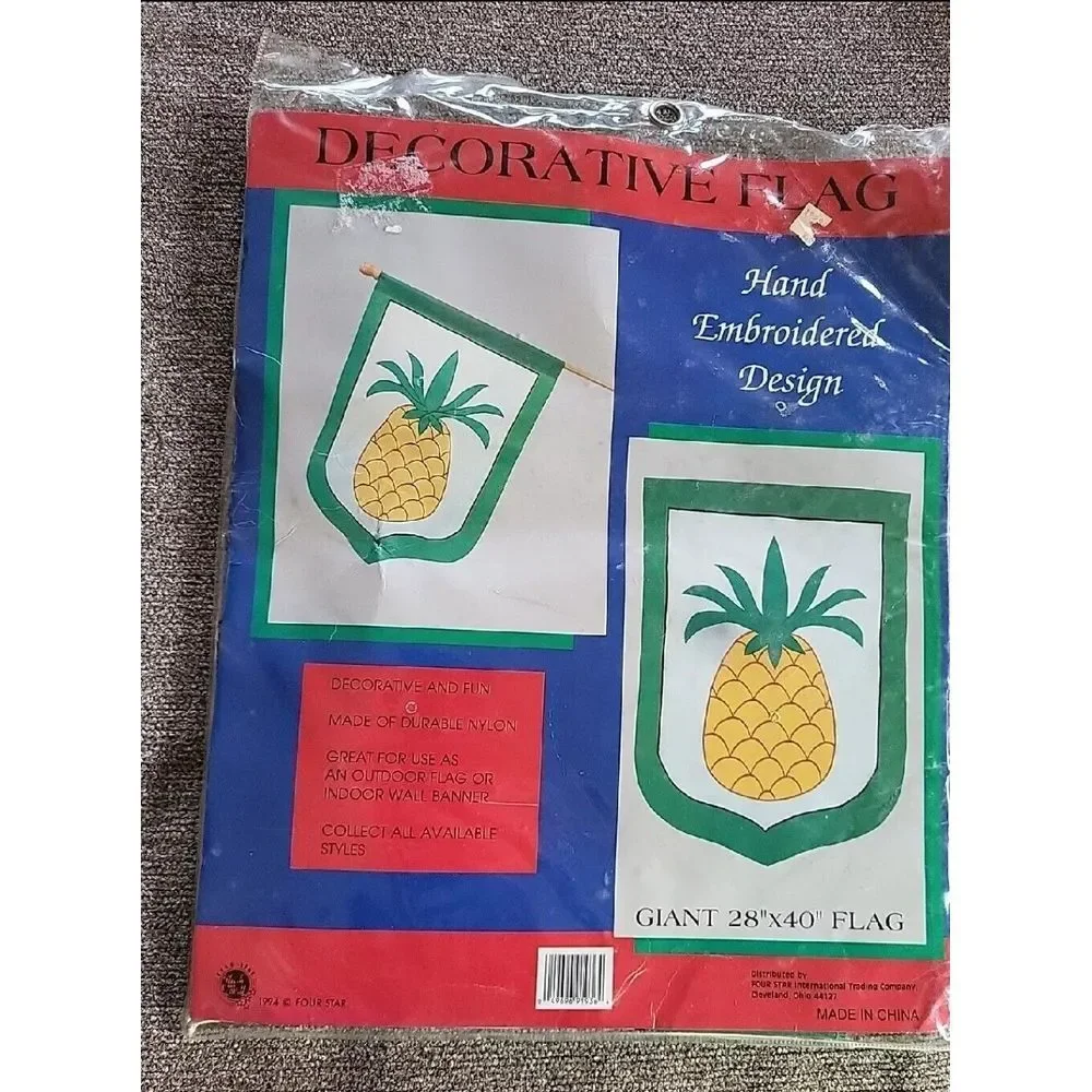 VTG Pineapple Garden Flag Tropical Four‎ Star Decorative 1994 Green Nylon 28x40